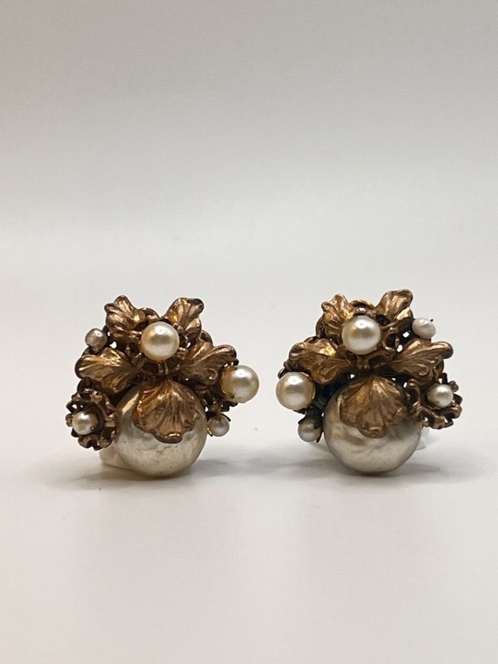 Vintage Signed Miriam Haskell Faux Pearl Floral Clip-On Earrings